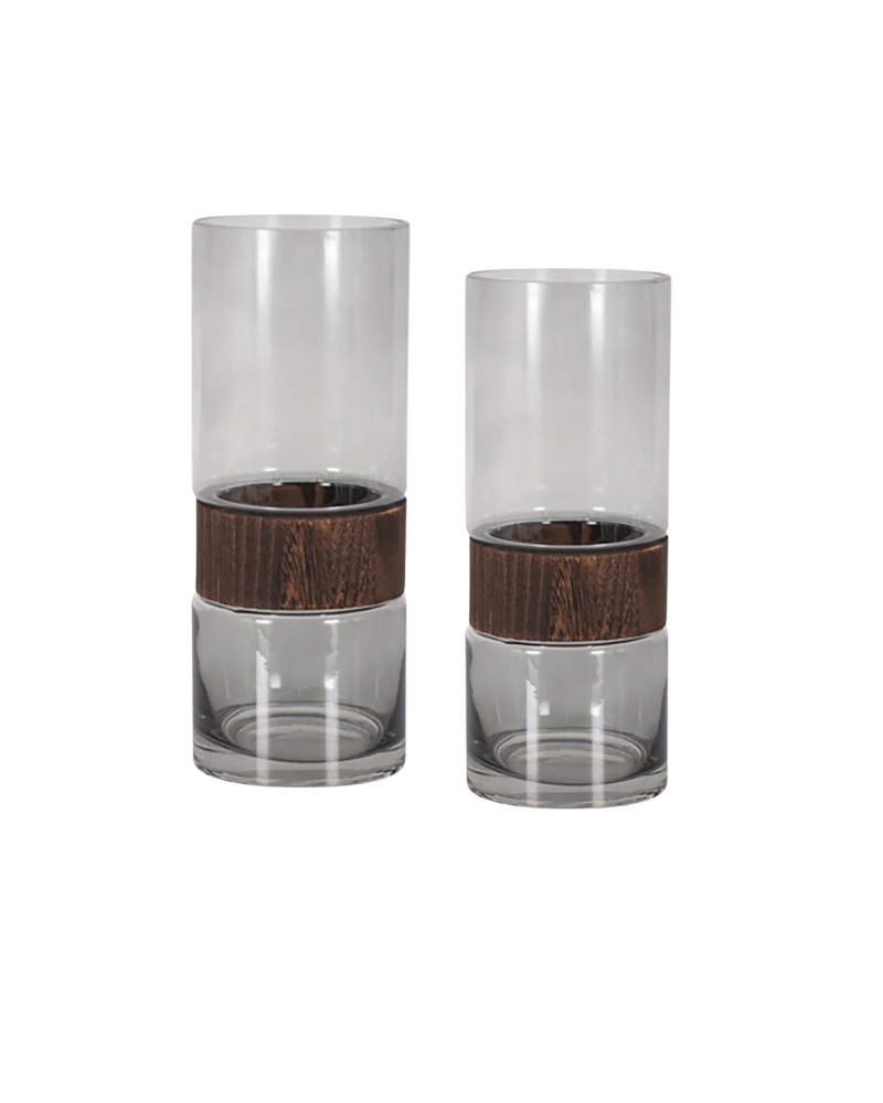 Cylinder Vase with Wood Band Tall - Smoke
